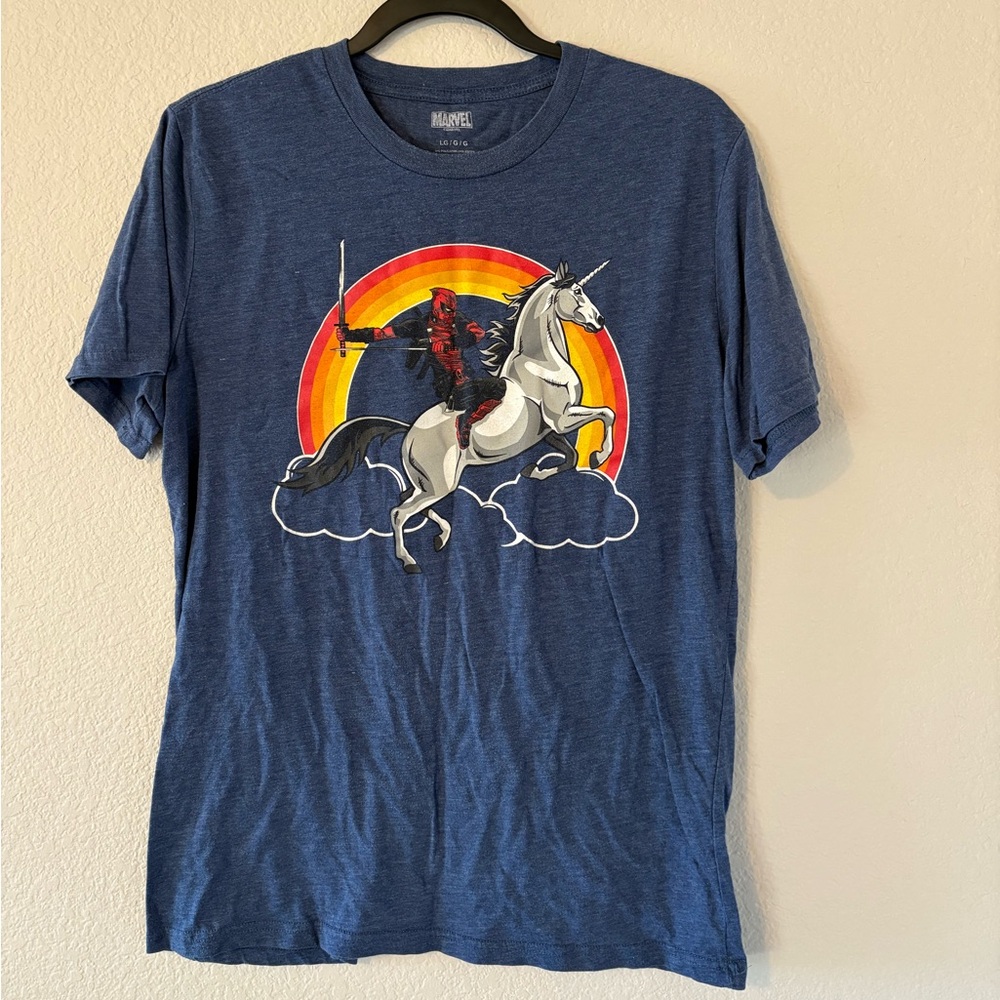 Marvel Navy Graphic Tee with Deadpool Rainbow Design size Large